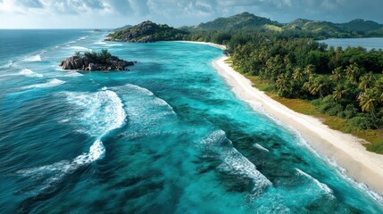 Aufkleber - Breathtaking Aerial View of a Tropical Island Showcasing Turquoise Waters and Pristine White Sandy Beach Generative AI