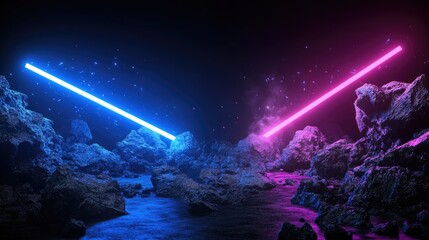 Poster - Sci-fi style blue and pink abstract lights crossing dark background in 3D