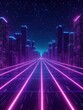 © Faizal - Retro futuristic cityscape perspective with glowing neon grid and starry sky in a synthwave style digital illustration
