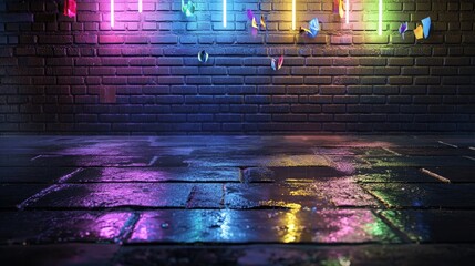 Poster - Neon light rays hitting a brick wall, reflections on wet ground in moody urban night scene