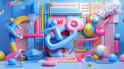 Wall Mural - Neon-lit geometric layout in techno style, vibrant blue and pink 3D layers