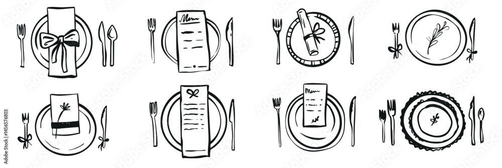 Table Service Drawing Hand drawn dinner table serving illustration wedding party invitation ...