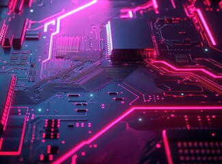Wall Mural - high-tech circuit board with neon pink glow and modern design