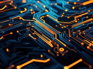 Wall Mural - abstract technology background with blue and orange circuit design