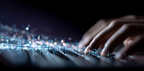 A close-up view showcases hands typing away on a keyboard accompanied by a holographic screen displaying digital technology, symbolizing software development, with a coding programmer or software