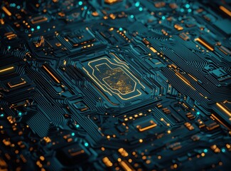 Wall Mural - intricate circuit board with glowing elements and blue tones