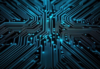 Wall Mural - abstract circuit board design with blue lines and nodes in dark background