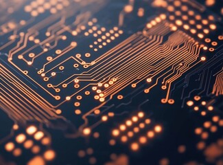 Wall Mural - abstract circuit board close-up with orange and black colors