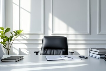 Aufkleber - Executive office setup with leather chair and books in bright natural light interior design studio