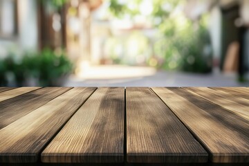 Aufkleber - Wooden Table Surface Displaying Product in Outdoor Garden Setting Blurred Background Perspective Shot