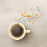 A beautifully crafted cup of lungo coffee surrounded by a delicate branch of green leaves for a natural touch