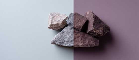 Poster - Rock minerals with rich metallic hues are arranged on surface split between soft blue and muted purple, creating gentle yet striking contrast in minimalist composition