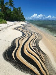 Poster - Striking Beach Sand Art Landscape View of Tropical Coastline with Palm Trees and Blue Sky in Exotic Location