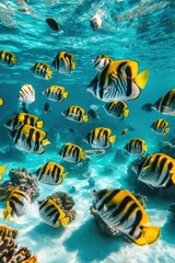 Poster - School of Yellowtail Butterflyfish Swimming Underwater in Tropical Coral Reef Ecosystems Eye Level View