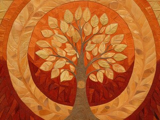 Aufkleber - Tree of life mosaic art close up with warm earth tones in a circular design, abstract stylized nature background