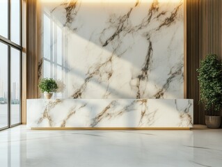 Fototapete - Modern reception area with marble counter and wood paneling in luxury office building interior design