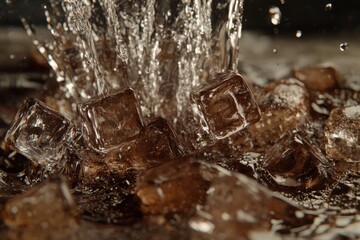 Fototapete - Water Splashing onto Ice Cubes Close Up Shot Refreshing Drink Ingredient Still Life Photography Studio Shot