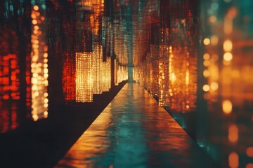 Poster - Abstract Corridor of Light Installation with Reflections and Warm Tones in an Art Gallery Exhibition