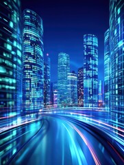 Poster - Futuristic cityscape at night with motion blur of traffic lights in blue tones, low angle perspective of modern architecture