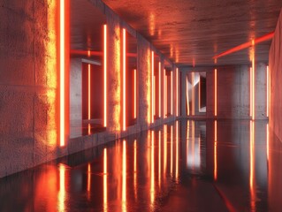 Aufkleber - Abstract Interior View of Concrete Hallway with Orange Neon Lights and Reflections on Wet Floor Modern Architecture