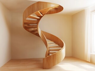 Aufkleber - Interior view of modern wooden spiral staircase design in residential house architecture with natural light
