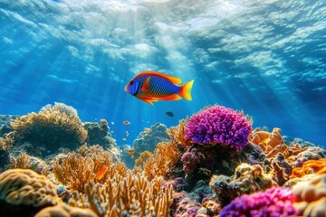 Poster - Underwater paradise with colorful fish swimming over vibrant coral reef in clear blue ocean water