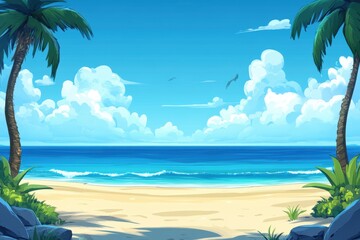 Poster - Serene Tropical Beach Scene with Palm Trees and Turquoise Ocean Under a Bright Blue Sky