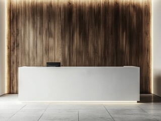 Fototapete - Modern reception area featuring a white desk against a wooden wall in a minimalist style interior design