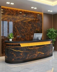 Poster - Interior view of modern reception desk with marble pattern and lighting in office lobby front view
