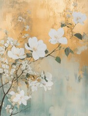 Leinwandbilder - White blossoms in bloom on gold and teal background in a painterly style floral art piece