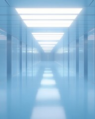 Fototapete - Abstract Perspective of Long Empty Blue Hallway with Bright Lights and Reflections in Modern Interior