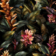 Wall Mural - Vibrant floral pattern with Alpinia flowers and lush leaves textile