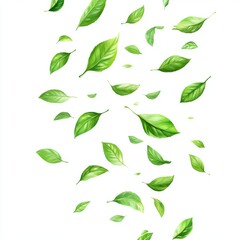 Poster - Fresh Green Leaves Falling on White Background Studio Shot Botanical Illustration Nature Concept