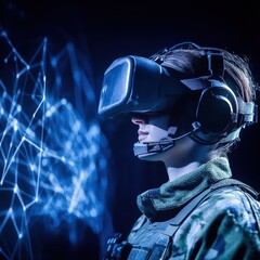 Poster - Soldier in VR headset interacting with virtual reality network, futuristic technology concept, studio shot, dark background
