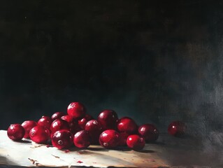 Aufkleber - Still life oil painting of fresh cranberries on white cloth against dark background in chiaroscuro style