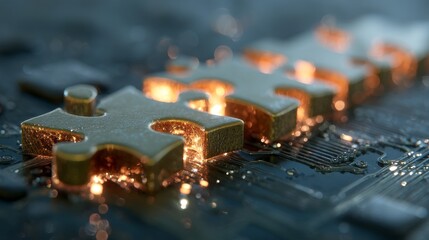 The concept of API integration is represented by neon puzzle pieces that interlock on a futuristic digital background, highlighting seamless connectivity and system interoperability