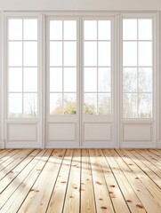 Poster - Interior view of empty room with wooden floor and large windows looking out to trees in autumn season