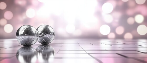 Aufkleber - Two disco balls resting on reflective surface with bokeh background for party or celebration mood