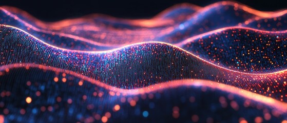 Poster - Abstract Wavy Surface of Glowing Particles in Blue and Orange Tones Macro Shot for Science Technology or Data Visualization Background