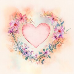 Poster - Greeting card with floral background and a central heart shape featuring blank space for personalized messages or quotes.

