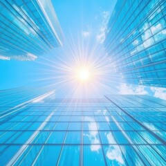 Poster - Skyscrapers Reach for the Sky in a Modern Cityscape with Glass Facades Reflecting Sunlight and Clouds from a Low Angle Perspective