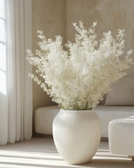 Aufkleber - White flowers in textured vase in neutral minimalist interior design setting, soft light, home decor, indoor, studio shot