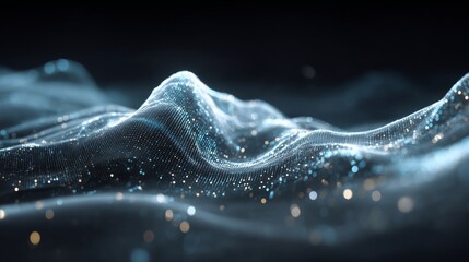 The image is an abstract representation that incorporates blue and green tones, set against a background of digital binary code waves