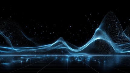 The digital image features an abstract design consisting of blue and green tones, with a wave pattern generated from binary code