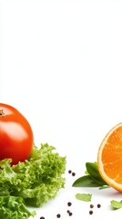Aufkleber - Bright food composition with tomato, lettuce, orange and pepper on a clean white background