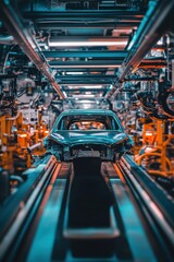 Aufkleber - Car Body on Assembly Line in Automotive Factory, Industrial Manufacturing, Low Angle View of Vehicle Production