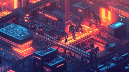 Poster - Robotic Arms Assembly Line Manufacturing Futuristic Factory Isometric View Industrial Automation Technology