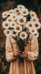 Poster - Woman Holding Daisy Bouquet Hiding Face in Meadow Artistic Soft Focus Portrait Serene Feminine Beauty Nature Close Up