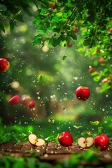 Poster - Apples falling from tree in orchard during rain shower low angle view with leaves and water drops in summer