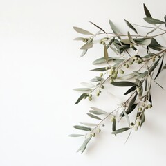 Poster - Olive branch with green olives on white background minimalist style top view studio shot for food and drink or beauty products